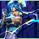 Neon stretches her shoulder, while yellow and blue lines of electricity move around her. Her name is written stylistically in the background with a lightning bolt motif.